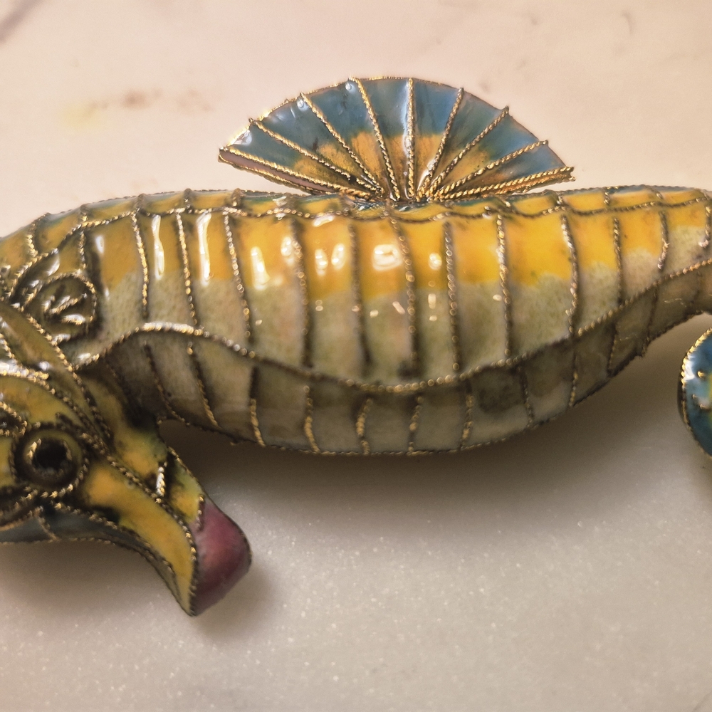 Pottery Barn Colorful Seahorse Christmas  Ornament Yellow Blue Enamel Cloisone - Picture 6 of 7